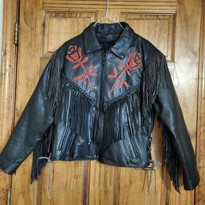 Black Leather Fringe Jacket With Rose Details